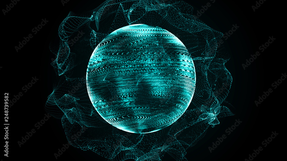 Poster Futuristic sphere of dots. Abstract particles background with sphere.Globalization interface. Sense of science and technology abstract graphics. 3D rendering.