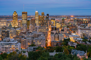 Aerial night view of Montreal downtown cityscape from Royal Mountain