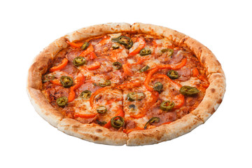 Delicious classic italian Burning Pizza with sausages, pepper, jalapeno sauce and cheese isolated on white background