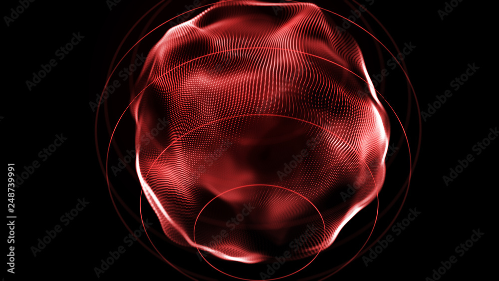Poster Futuristic sphere of dots. Abstract particles background with sphere.Globalization interface. Sense of science and technology abstract graphics. 3D rendering.