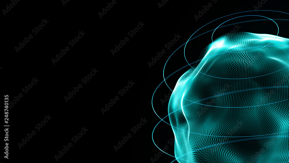 Poster Futuristic sphere of dots. Abstract particles background with sphere.Globalization interface. Sense of science and technology abstract graphics. 3D rendering.