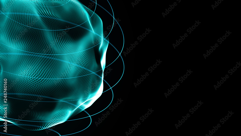 Poster Futuristic sphere of dots. Abstract particles background with sphere.Globalization interface. Sense of science and technology abstract graphics. 3D rendering.