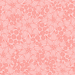 Floral vector texture look seamless pattern background with flowers and dots in trendy coral color. Perfect for textile and textures.