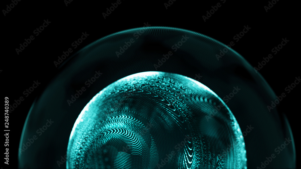 Poster Futuristic sphere of dots. Abstract particles background with sphere.Globalization interface. Sense of science and technology abstract graphics. 3D rendering.