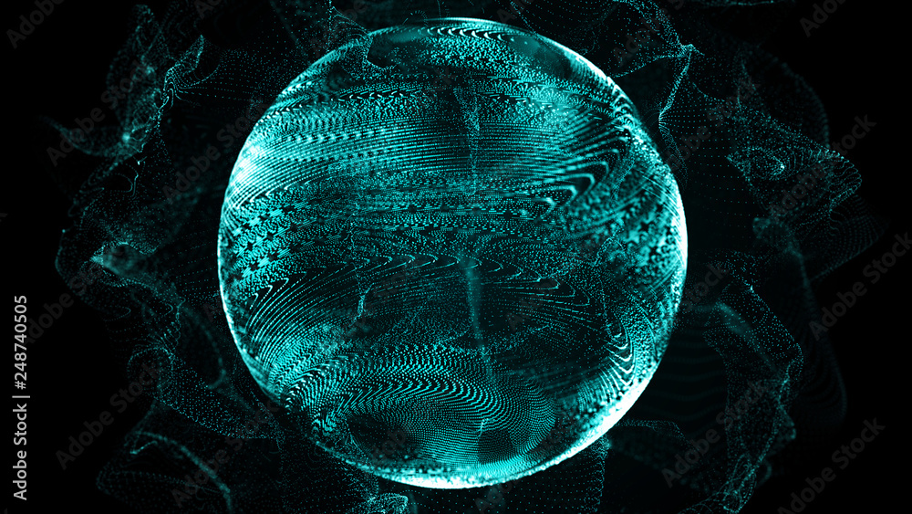 Poster Futuristic sphere of dots. Abstract particles background with sphere.Globalization interface. Sense of science and technology abstract graphics. 3D rendering.