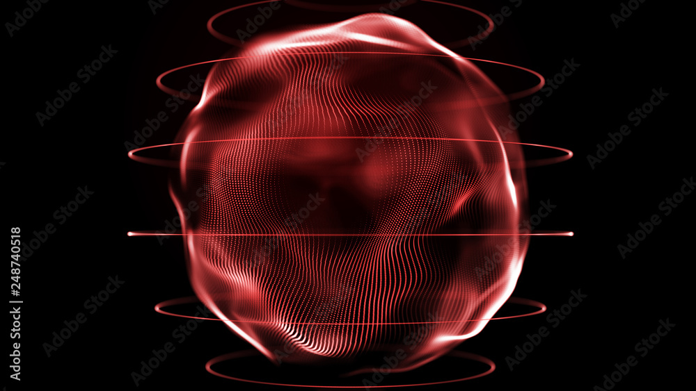 Poster Futuristic sphere of dots. Abstract particles background with sphere.Globalization interface. Sense of science and technology abstract graphics. 3D rendering.