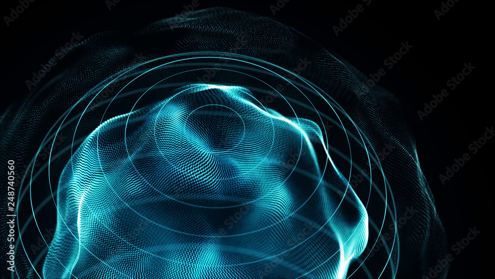 Poster Futuristic sphere of dots. Abstract particles background with sphere.Globalization interface. Sense of science and technology abstract graphics. 3D rendering.