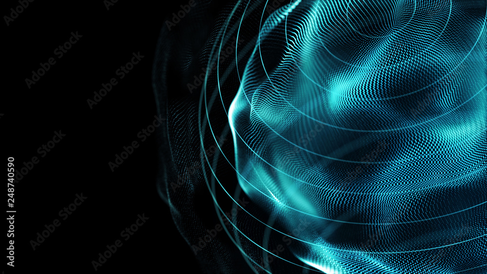 Poster Futuristic sphere of dots. Abstract particles background with sphere.Globalization interface. Sense of science and technology abstract graphics. 3D rendering.