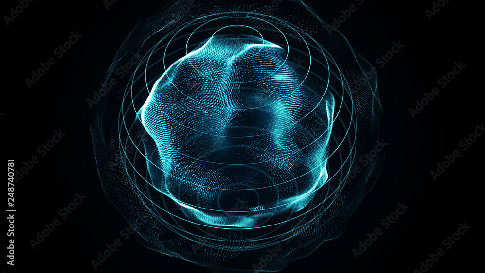 Poster Futuristic sphere of dots. Abstract particles background with sphere.Globalization interface. Sense of science and technology abstract graphics. 3D rendering.