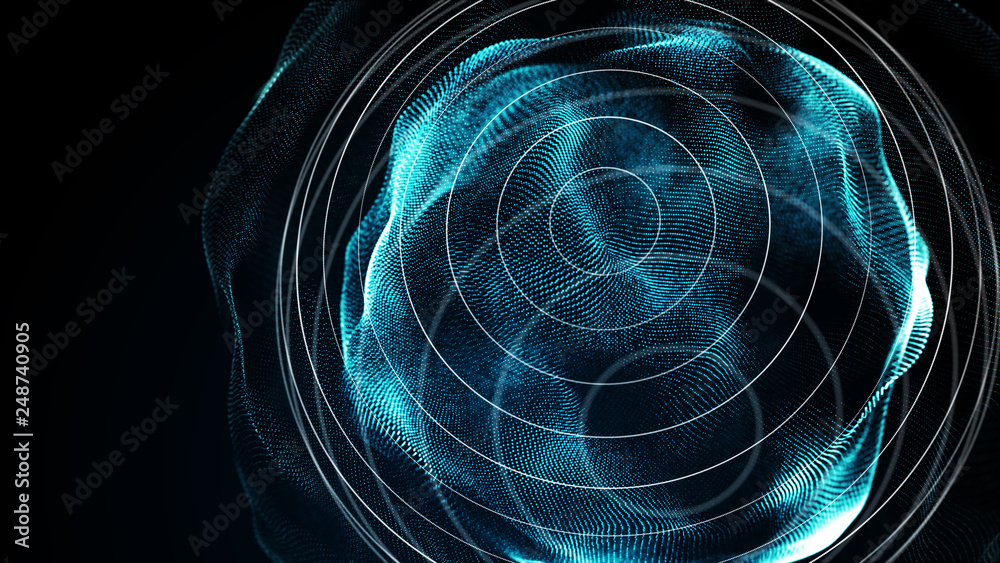 Poster Futuristic sphere of dots. Abstract particles background with sphere.Globalization interface. Sense of science and technology abstract graphics. 3D rendering.