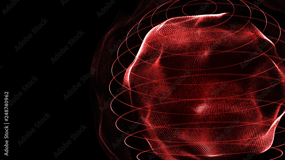 Poster Futuristic sphere of dots. Abstract particles background with sphere.Globalization interface. Sense of science and technology abstract graphics. 3D rendering.