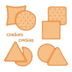 Tasty crackers and cookies set vector illustration. Cracker snack isolated, tasty bakery cookie