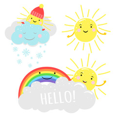 Cute sunny vector illustration with cartoon sun, clouds and rainbow. Meteorological sunny sun and creative cloud
