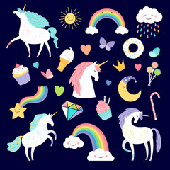 Unicorn and girlish elements rainbow, brilliant and cake. Vector unicorn and cake, sweet and horn illustration © ssstocker