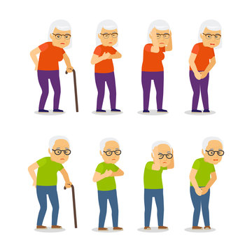 Old mens and womens disease vector illustration. People senior woman and man, patient illness