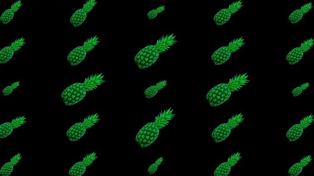 Animated pineapples rotating on a black background. Contemporary collage. Loop, 4k