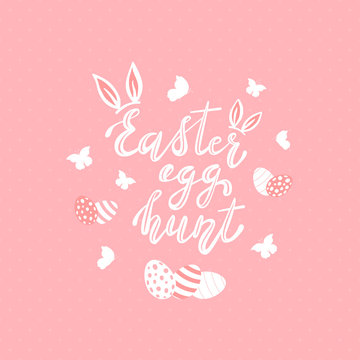 Lettering Easter Egg Hunt with Rabbit Ears on Pink Background