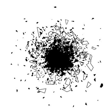 Explosion Cloud of Black Pieces on White Background. Sharp Particles Randomly Fly in the Air.
