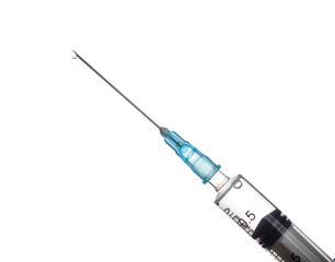 Fototapeta premium Syringe with an injection solution on white background with copy space