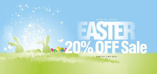 Easter Sale special offer 20 percent off limited time light stars colorful spring grass eggs rabbits colorful spring background
