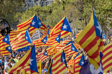 People wave 'Esteladas' (pro-independence Catalan flags) as they gather during a pro-independence demonstration, on September 11, 2017 in Barcelona during the National Day of Catalonia, the 'Diada'.