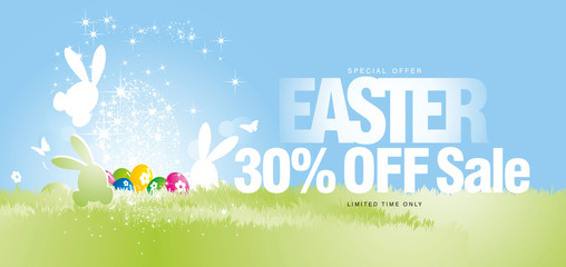 Easter Sale special offer 30 percent off limited time light stars colorful spring grass eggs rabbits colorful spring background