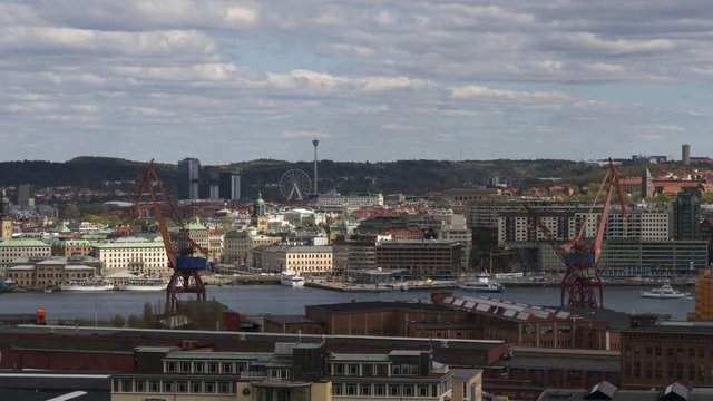 Timelapse panorama view of Gothenburg skyline. Zoom in. 4K, 25p