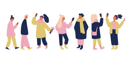 vector communicating people set in pink, yellow and blue colors. isolated vector people with phones and gadgets taking selfies, chatting, texting, walking. simple modern vector illustration of a crowd