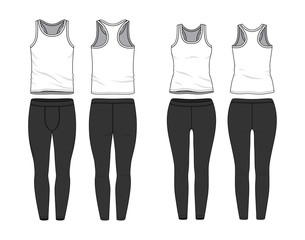 Blank male and female tank top and jogging pants in front, back views. Clothing templates. Fashion set. Casual, sport style. Active wear. Vector illustration. Isolated on white. - 248744926