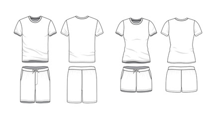 Blank male and female round neck t-shirt and swimming shorts in front, back views. Clothing templates. Fashion set. Casual, sport style. Active wear. Vector illustration. Isolated on white. - 248744953