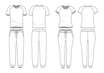 Blank male and female round neck raglan t-shirt and sweatpants in front, back views. Clothing templates. Fashion set. Casual, sport style. Active wear. Vector illustration. Isolated on white. - 248744956