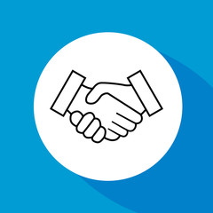 Business handshake, contract agreement, line art vector icon for apps and websites on blue background.
