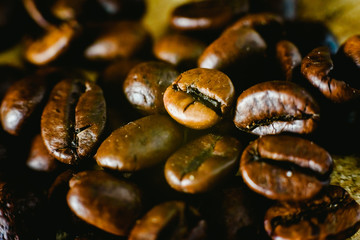 Detail of roasted coffee beans, produced in Colombia.