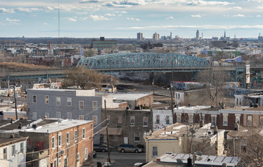 Homes and skyline looking from above in northern Philadelphia Kennsington.