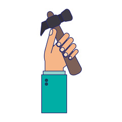 hand with hammer tool cartoon blue lines