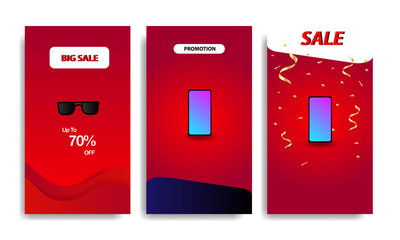 Vertical modern fluid template design background with gradient red, white color and confetti for sale promotion. Suitable for social media stories, story, web banner, flyer,poster and brochure.