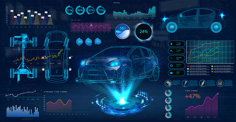 Car service in the style of HUD. Virtual graphical interface Ui HUD Autoscanning, analysis and diagnostics, Abstract vector science. Car auto service infographics. repair Futuristic user interface