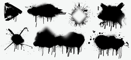 Abstract black spray on white background, Black splashes isolated on white background. Spray effect, exploding, black drops. Graffiti stencil template. Grunge effect, Isolated vector collection.