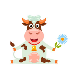 Obraz na płótnie Canvas Cute cow with a funny face and a bell. funny character in cartoon style. flat vector illustration