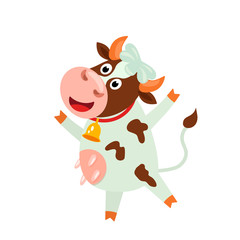 Cute cow with a funny face and a bell. funny character in cartoon style. flat vector illustration