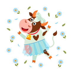 Lovely funny spotted cow rejoices and dances against the background of daisies. Funny cartoon animal farm character vector illustration