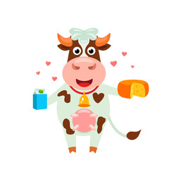 Lovely funny spotted cow holding cheese and milk. Fun cartoon animal farm character vector illustration isolated