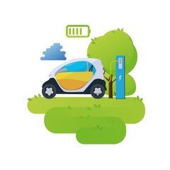 Flat vector illustration of a red electric car charging at the charger station. Vector Electric car infographic with icons
