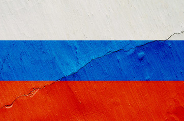 Flag of Russia on the background of the texture shabby paint with a crack on the whole frame