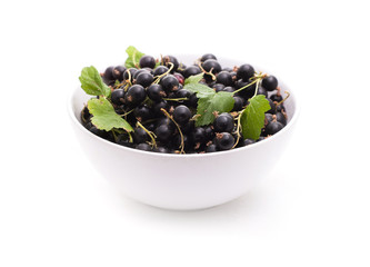 Black currant in a white cup. Isolated