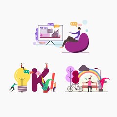 Illustration for web page or landing page, flat design style, a man is watching tv, a man is sitting relaxed in the park, some people are working together to complete a task,
