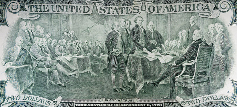 The scene depicted in the picture is often mistaken for signing the declaration of independence. In fact, the figure shows a committee and five hours representing the text of the document to Congress.