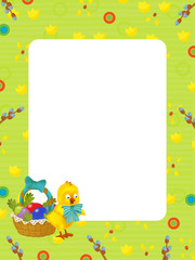 cartoon scene with kid easter chicken painting with frame on white background - illustration for children