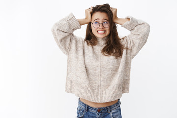 Girl going crazy of overthinking and panic standing tensed and upset overwhelmed with negative...