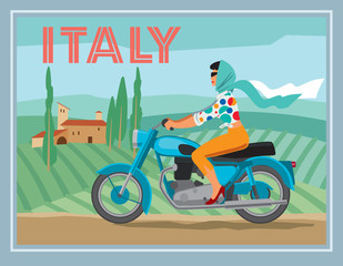 A girl on a motorcycle rides on the background of a rural Italian landscape. Vector graphics © Евгений Казанцев